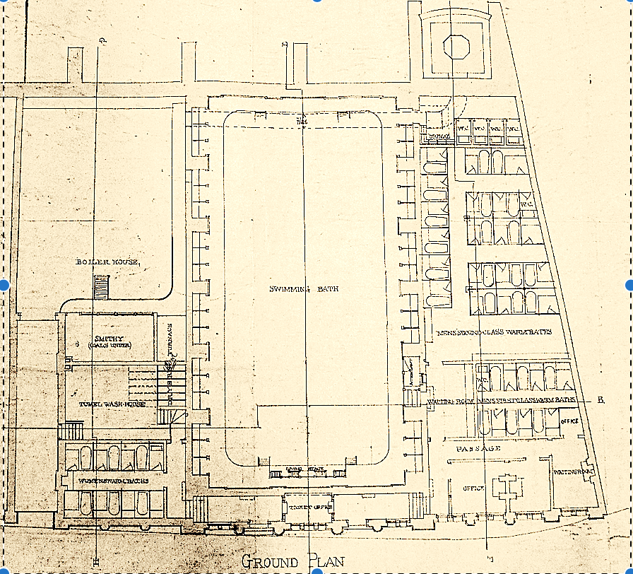 Diagram plan of the baths, showing large ‘swimming bath’ in the centre. Withthe road to the bottom, on the left is the boiler house, smithy, wash house andwomen’s warm baths. To the right are mens first class and second class warm baths