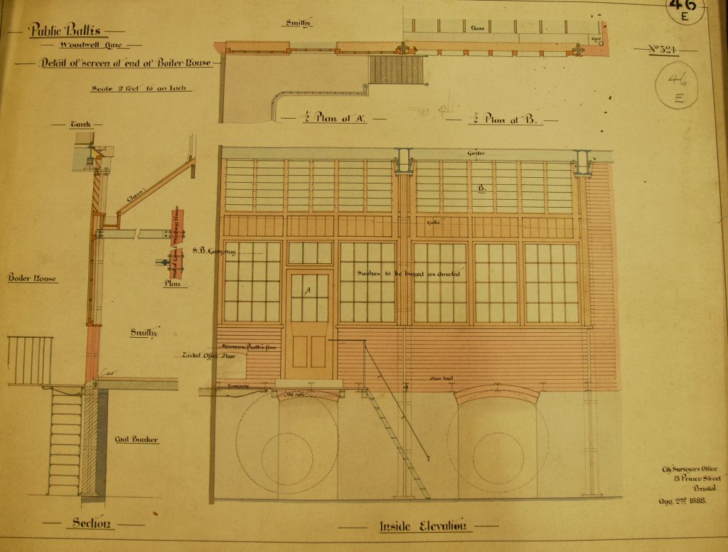 Elevation diagram of screen at the end of the boiler house, showing door,windows and panelling