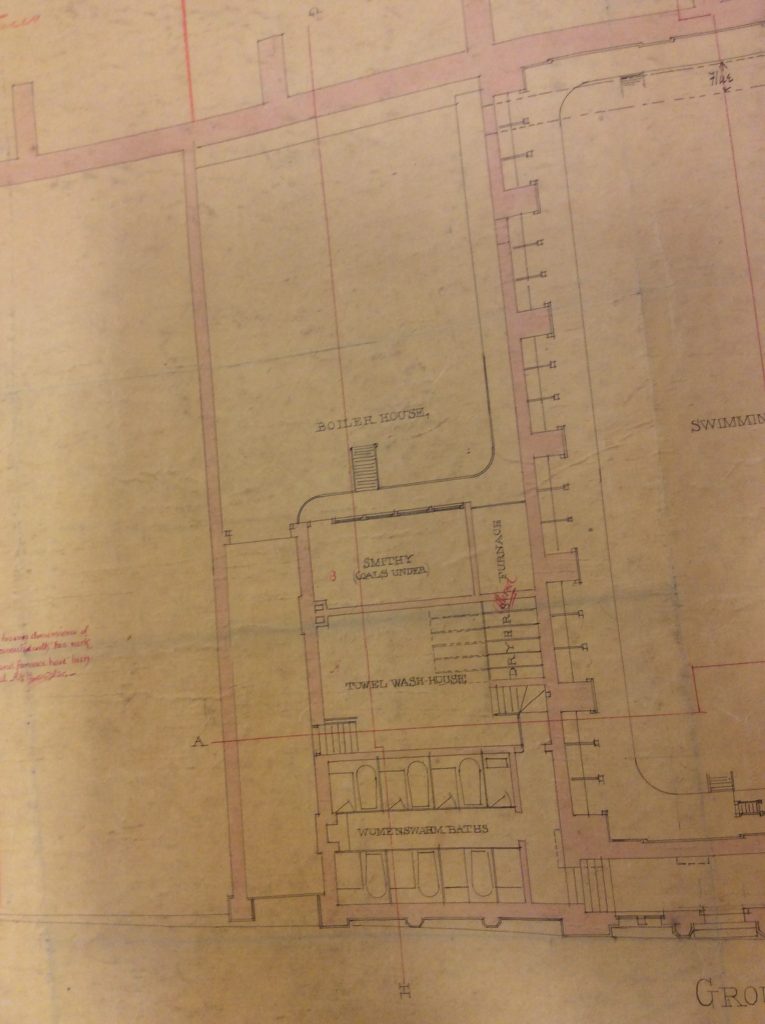 Plan diagram of boiler house, “smithy (coals under)”, woel wash house and“womens warm baths”