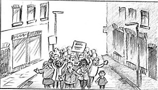 Sketch of a crowd in a street on a campaign march, holding a placard