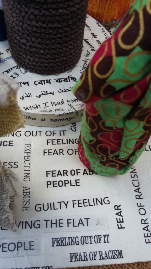 Base of the craftwork,
showing phrases in different languages, including: 'Guilty feeling', 'Feeling
out of it', 'Fear of racism'