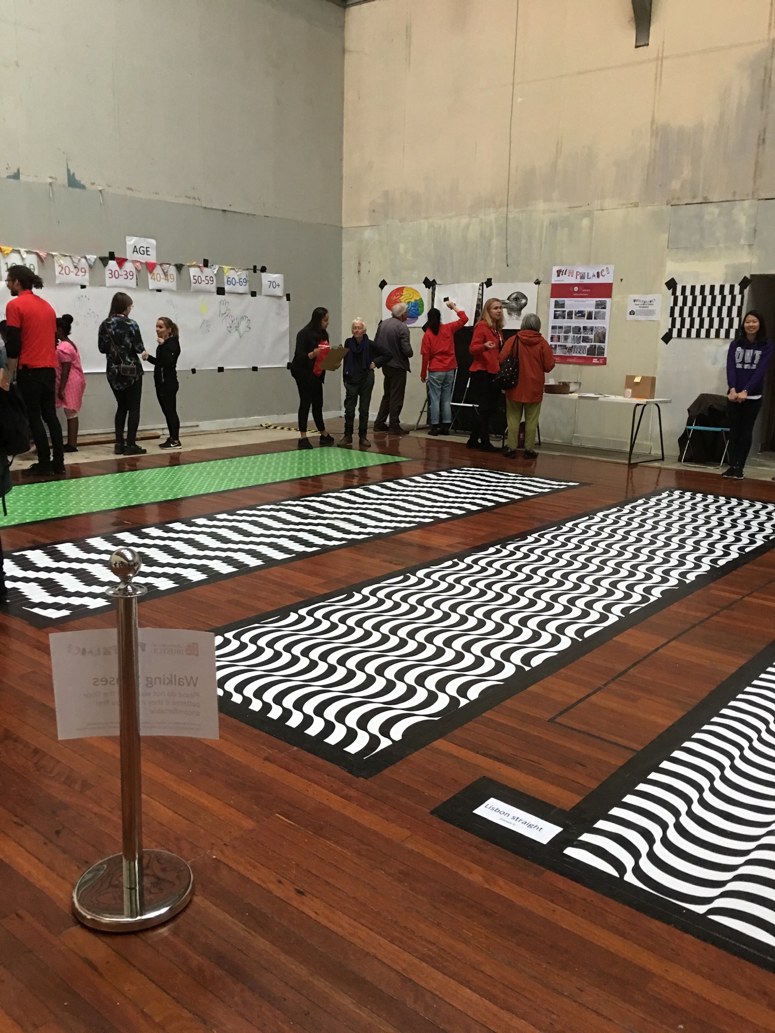 People viewing posters in the dance hall