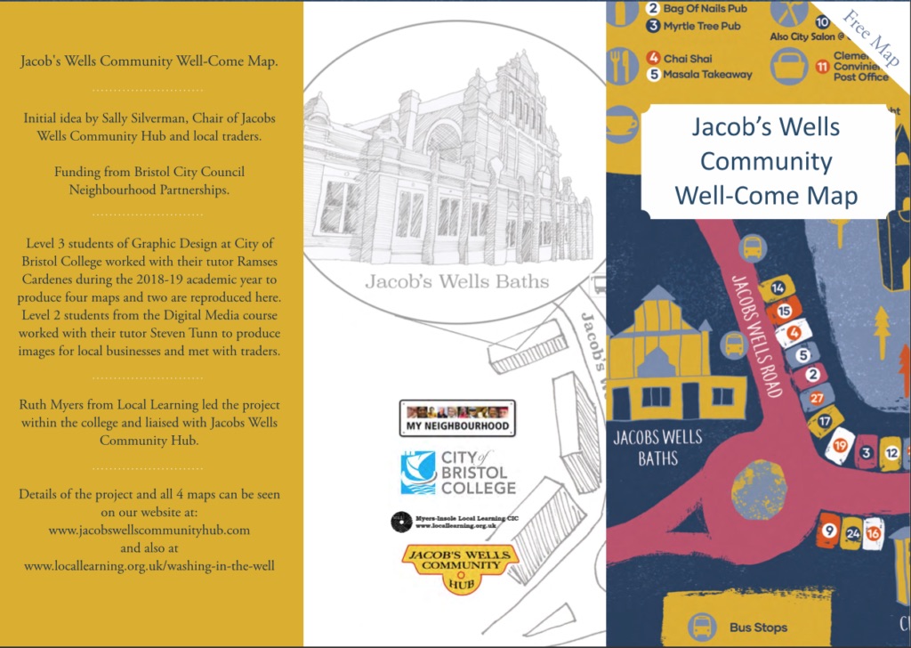 Leaflet showing map and information, titled “Jacob’s Wells Community Well-ComeMap”